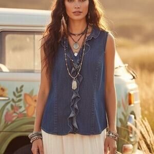 Harold's Blue Denim Ruffle Top Vest 16